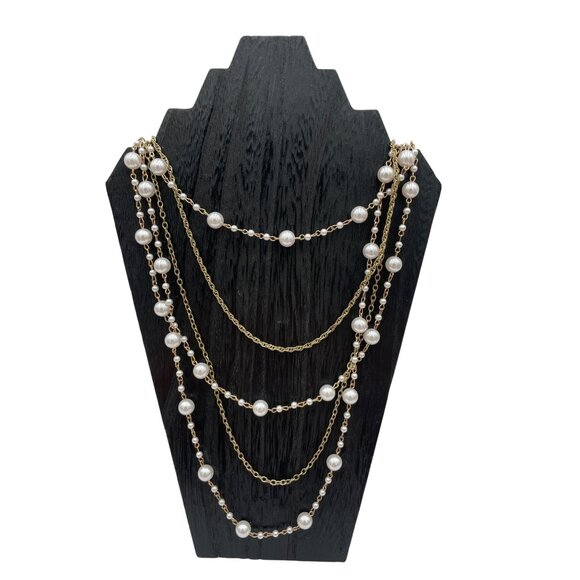 Layered Faux Pearl & Gold Chain Necklace For Women - Picture 1 of 4